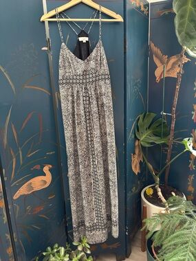 LOFT Black & White Printed Spaghetti-Strap Maxi Dress